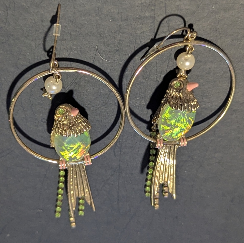 Betsey Johnson Gold and Green Bird Hoop Earrings
